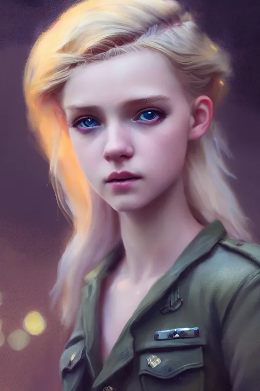 Image similar to cinematic shot of an epic portrait of a cute blonde fairy dressed in military clothes, stylised military clothes, shiny skin, beautiful eyes, beautiful, small details, night setting, realistic poster with volumetric light from jeremy lipkin and michael garmash, craig mallism, artgerm, unreal engine, radiant light, digital art, trends at art station, a masterpiece