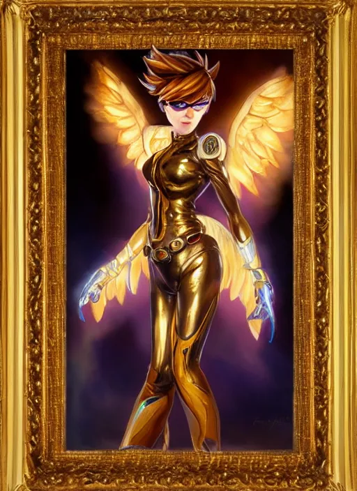 Image similar to full body oil painting of tracer overwatch in the style of delphin enjolras, angel wings, angelic golden armor, dramatic painting, symmetrical composition, ornate, golden chains, high detail, gold detailed collar!!!!!, blooming, angelic, lights, flowers, heavenly, bright, detailed face,