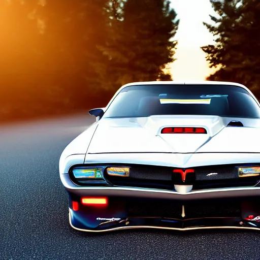 Prompt: black pontiac firebird trans - am with flames graphics on the chassis facing the camera, sunrise, cinematic, motionblur, sunbeams, volumetric lighting, wide shot, low angle, artstation