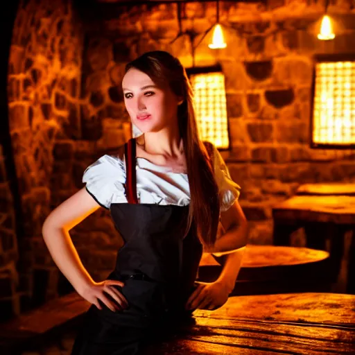 Image similar to young attractive beautiful bar maid in a medieval tavern at night, cinematic, filmic, studio lighting