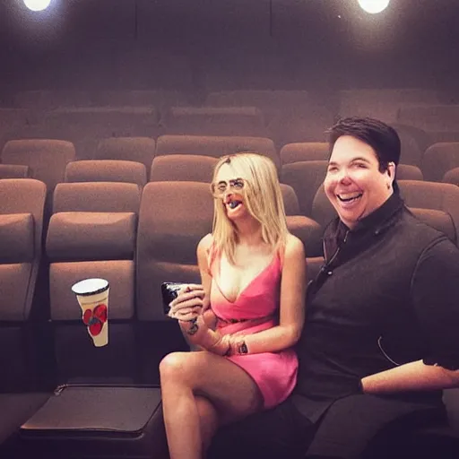 Prompt: Michael Mcintyre sitting next to a blonde woman eating ice creams & taking a selfie, greg rutkowski