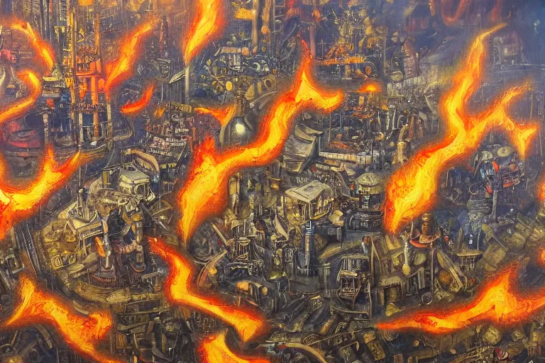 Prompt: steampunk city on fire, aerial view, realist painting, oil on canvas, 8k, high def, macro detail