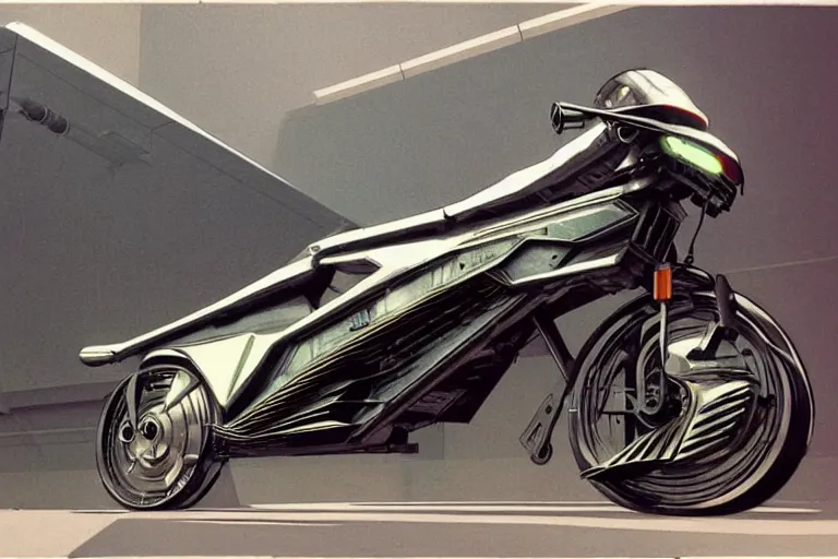 Prompt: cyberpunk hoverbike parked on city sidewalk concept art by syd mead