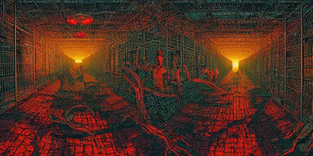 Prompt: artwork of a chinese prison by dan mumford and toshi yoshida and peter doig, vintage scifi, highly detailed, dramatic lighting, 8 k