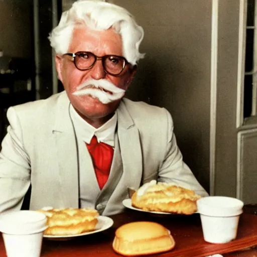 Image similar to An old vintage photograph of Colonel Sanders eating at McDonalds, 4k, highly detailed, photorealistic