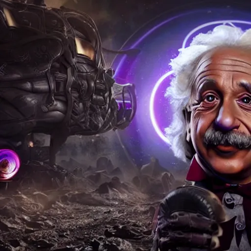 Image similar to albert einstein as willy wonka in gears of war, splash art, movie still, cinematic lighting, dramatic, octane render, long lens, shallow depth of field, bokeh, anamorphic lens flare, 8 k, hyper detailed, 3 5 mm film grain