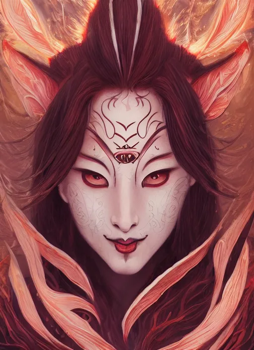 Image similar to a beautiful detailed oil on copper art illustration of a japanese kitsune hannya mask devil woman, centered, by charlie bowater, zeng fanzh, trending on artstation, dim dusk lighting, cinematic lighting, detailed lighting, volumetric lighting, realistic, f 8, 4 k hd wallpaper