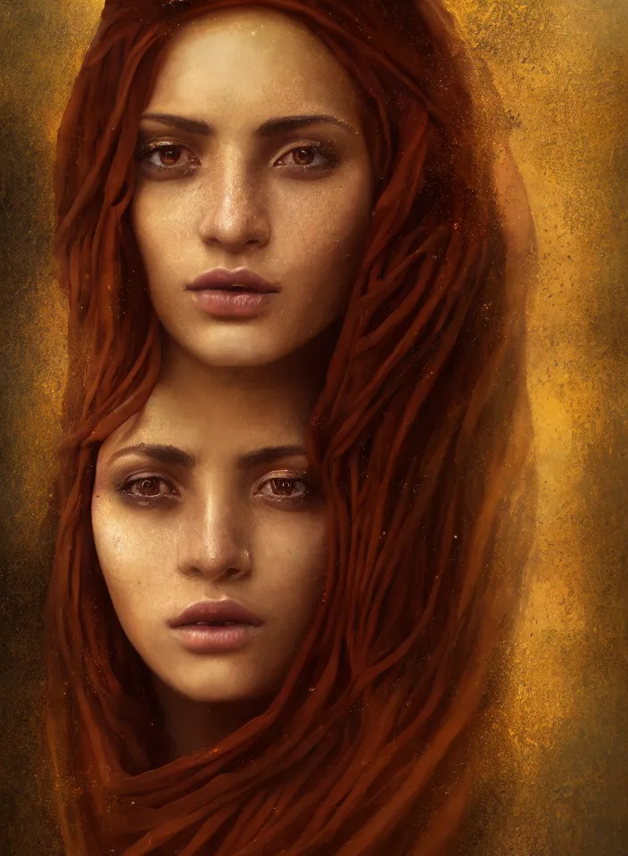 Prompt: a closeup portrait of young egyptian woman with auburn hair, fantasy setting, ancient egypt environment, serene colors, soft lighting, atmospheric, cinematic, moody, in the style of diego koi, gina heyer, luiz escanuela, art by alyssa monk, depth, hyperrealism, rule of thirds, golden ratio, oil on canvas, 8 k
