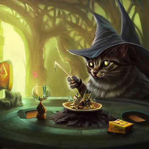 Image similar to Anthropomorphized cat witch brewing potion, evil smile, witch Hut, witch hat, dark fantasy, magic the gathering artwork, D&D, fantasy, cinematic lighting, centered, symmetrical, highly detailed, digital painting, artstation, concept art, smooth, sharp focus, illustration, volumetric lighting, epic Composition, 8k, art by Akihiko Yoshida and Greg Rutkowski and Craig Mullins, heroic pose, oil painting, cgsociety