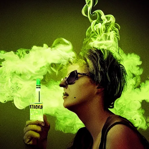 Prompt: electric weed cigarette lit emitting green smoke, commercial photo, ralph steadman style, contest winner, matte painting