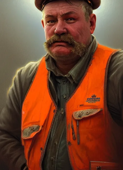 Image similar to a russian railroad electrician!!!, male!!, wearing orange vest!!, siberia!!, portrait, dirty, fat, ugly, intricate, elegant, highly detailed, digital painting, artstation, concept art, wallpaper, smooth, sharp focus, illustration, art by artgerm and greg rutkowski and alphonse mucha