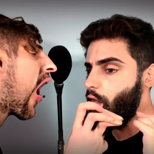 Prompt: handsome Portuguese male twitch streamer looking angrily at his expensive studio mic which isn't working, 4k