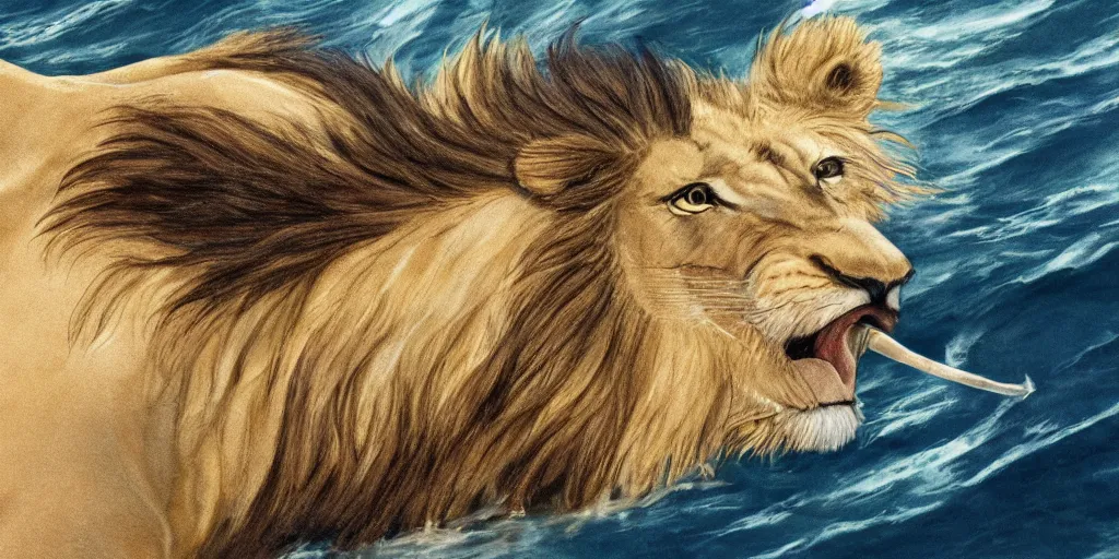 Image similar to close up of a lion hybrid with whale, spirited away