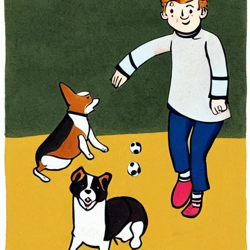 Image similar to book illustration of a french boy on the streets of paris playing football against a corgi, the dog is wearing a polka dot scarf, 1 9 6 6