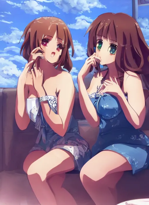 Image similar to two beautiful mothers sitting across from each other, summer clothes, gorgeous faces, thick lines, cinematic lighting, detailed anime art