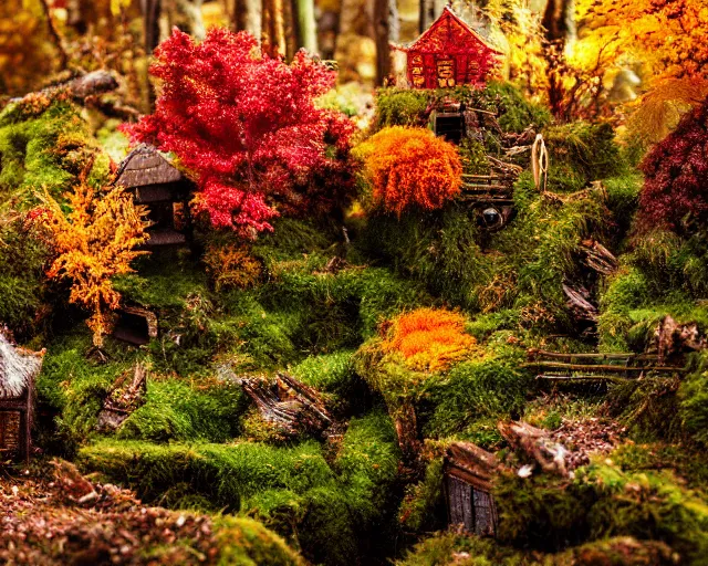 Prompt: dream a miniature village in a forest, moss, autumn, warm colors, photography, depth of field