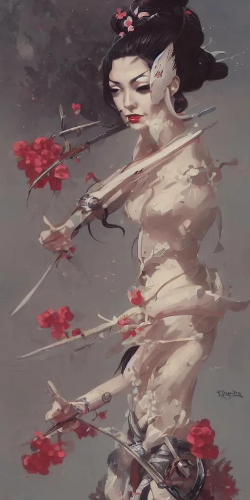 Prompt: beautiful geisha sakura warrior By Peter Mohrbacher, clean, trending on artstation,