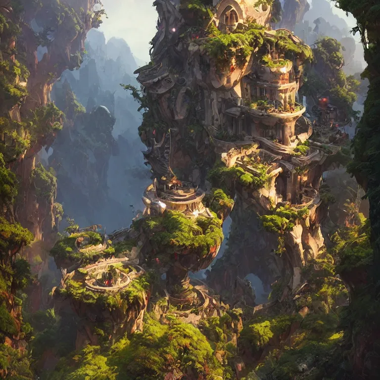 Image similar to vertical overwatch headquarters carved inside a mountain surrounding a lush garden, trimmed, magical, natural light, fantasy, sharp focus, concept art, by greg rutkowski and craig mullins, cozy atmospheric