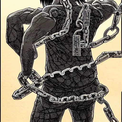 Image similar to A FULL BODY PORTRAIT FROM BEHIND OF MADARA UCHICHA ,THE MAN KEEPS A KUSARIGAMA AND IT IS WRAPPED IN CHAINS ,detailed, concept art, ink style , sketch