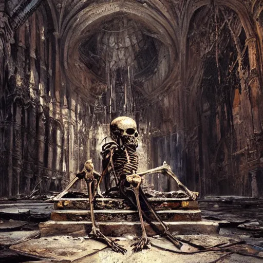 Prompt: Skeleton King wearing ragged clothes resting on a throne inside a ruined cathedral, oil painting, by Fernanda Suarez and Greg Rutkowski