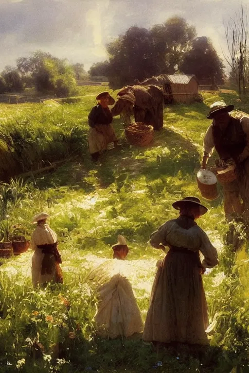 Image similar to simple amish farmers tending to their cottage vegetable gardens, art by anders zorn, wonderful masterpiece by greg rutkowski, beautiful cinematic light, american romanticism thomas lawrence, greg rutkowski