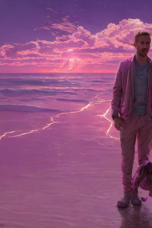 Image similar to ryan gosling robotic clothes in the beach purple sun, pink lighting ultra realistic photorealistic highly detailed high quality, a stunningly, digital painting, artstation, concept art, smooth, sharp focus, illustration, art by artgerm and greg rutkowski and alphonse mucha 8 k