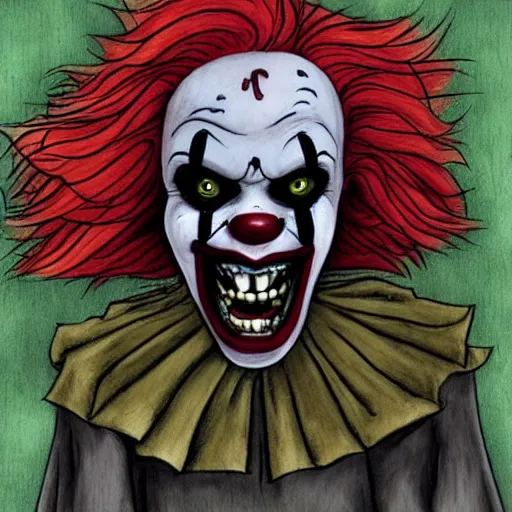 Prompt: grunge drawing of a happy pennywise in the style of the grudge | horror themed | loony toons style