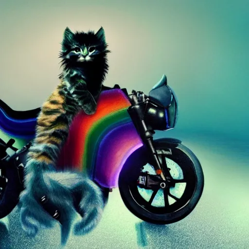 Image similar to wide angle full body, jacket wearing fluffy cute rainbow kitten wearing a black leather motorcycle jacket, riding on a motorcycle, cinematic concept art