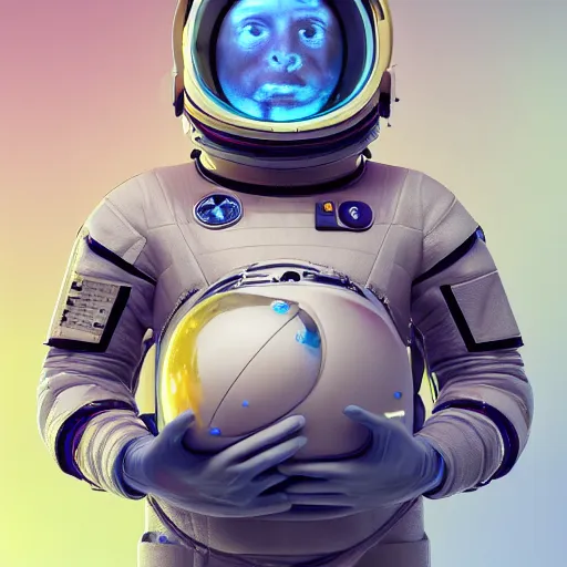 Image similar to a man in a space suit with a flower in his hand, a computer rendering by Mike Winkelmann, trending on cgsociety, retrofuturism, uhd image, rendered in cinema4d, hard surface modeling