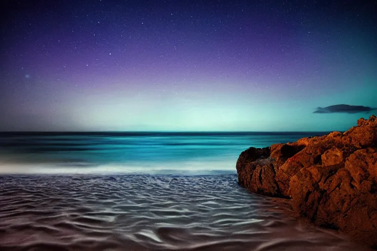 Image similar to bioluminescent waves, beach, night, landscape, relax atmosphere, magic atmosphere, photo realistic