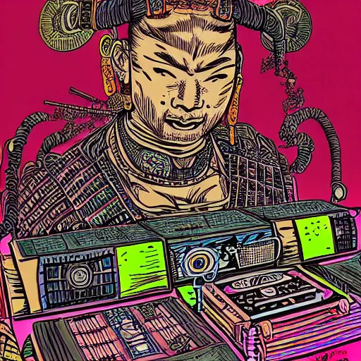 Image similar to intricate detailed artwork of a samurai dj at an underground warehouse rave in the style of Geof Darrow, wires, speakers, neon