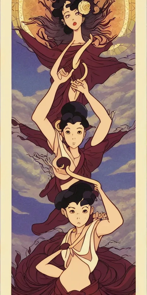 Prompt: the temperance tarot card with an art deco boarder, high quality, digital painting, by don bluth and ross tran and studio ghibli artgerm