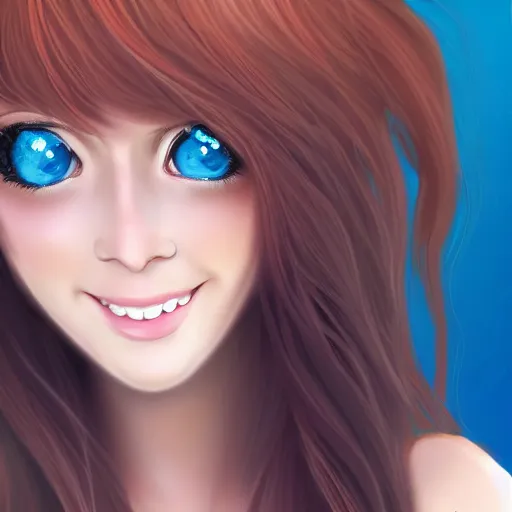 Image similar to selfie of a beautiful woman with auburn hair and blue eyes, smiling at the camera, 4 k, anime digital art