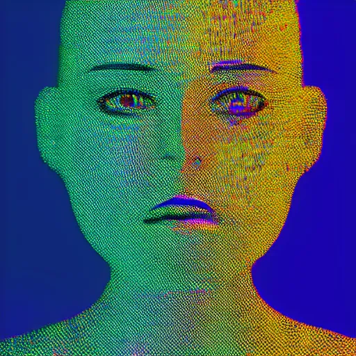 Image similar to portrait of a woman inspired by data - driven art, generative, iridescent, self - confidence, electrons, coding, holographic