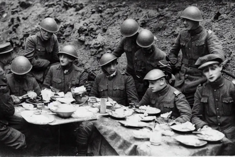 Image similar to old monochromatic photograph of spiderman sharing lunch with soldiers in a WW1 trench