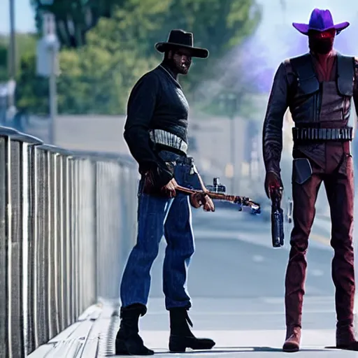 Prompt: duel between cad bane and clint eastwood on the vallecas bridge