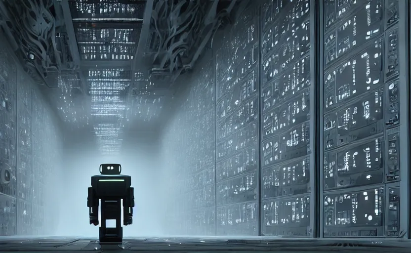 Image similar to extremely detailed cinematic movie still 3 0 7 7 foggy portrait shot of a robot in an endless data centre by denis villeneuve, wayne barlowe, simon birch, marc simonetti, philippe druillet, beeple, bright volumetric sunlight from small windows, rich moody colors