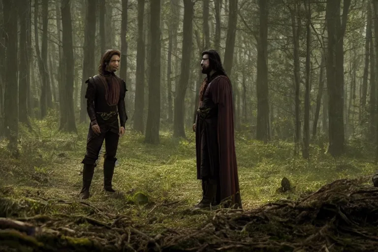 Prompt: still from a fantasy movie, a warlock discussing with another man, forest in the background, muted colors, 8 k, cinematic, very detailed face, hyperrealistic, movie still frame, promotional image, imax 7 0 mm footage