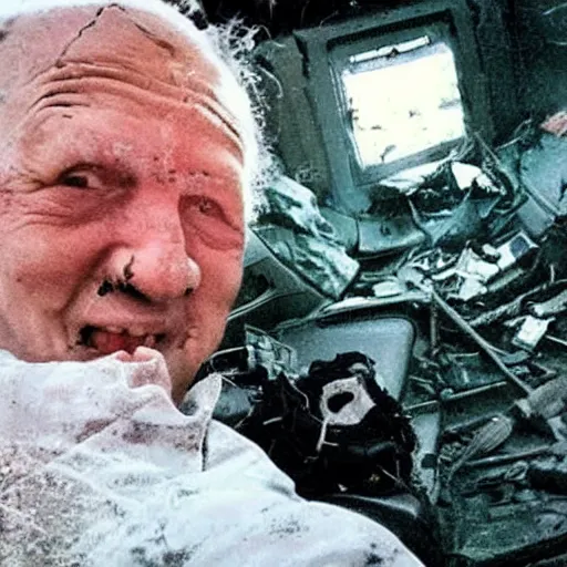 Image similar to last selfie of last alive ukrainian very damaged after a nuclear strike, a nuclear explosions in the background, 2 0 2 2