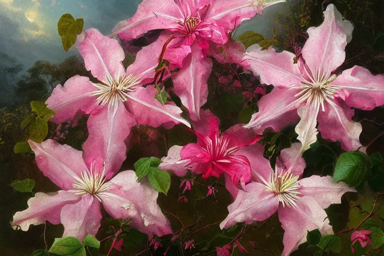 Prompt: pink dripping clematis with viscous pink liquid dripping at the end of each petal, by salvador dali and greg rutkowski and thomas kinkade, oil on canvas