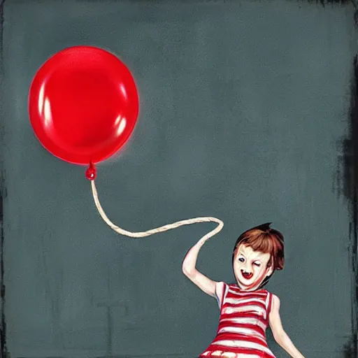 Image similar to grunge cartoon painting of a little girl playing with a jump rope with a wide smile and a red balloon by chris leib, loony toons style, pennywise style, horror theme, detailed, elegant, intricate