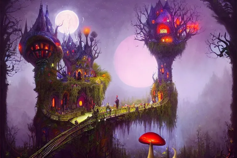 Prompt: castle from hundertwasser and gaudi in a deep mystical forest with huge bridge, giant mushrooms and dense exotic vegetation, floating lampoons, tall people walking and discussing, dynamic lighting, art by peter mohrbacher on artstation, dense night sky with moon and stars, romantic mood