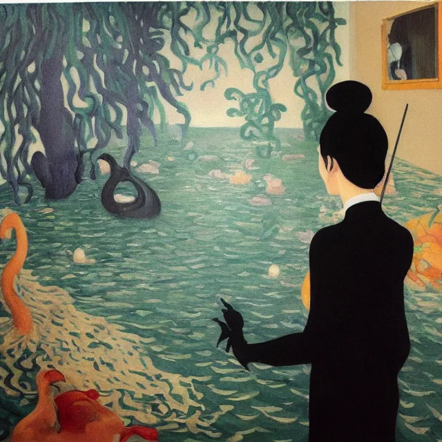 Image similar to tall emo artist in her flooded apartment, painting of flood waters inside an artist's home, a river flooding indoors, pomegranates, pigs, ikebana, zen, water, octopus, river, rapids, waterfall, black swans, canoe, berries, acrylic on canvas, surrealist, by magritte and monet