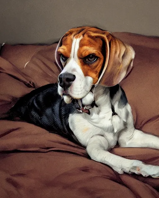 Image similar to detailed portrait of beagle lying on the bed by ismail inceoglu dragan bibin hans thoma greg rutkowski alexandros pyromallis nekro rene maritte illustrated, fine details, realistic shaded, fine - face, pretty