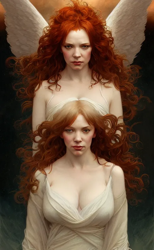 Prompt: a portrait of an angel christina hendricks, concept art, deep focus, sky, heaven, clouds, intricate, highly detailed, digital painting, artstation, matte, sharp focus, illustration, art by greg rutkowski and alphonse mucha