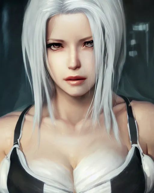 Image similar to tifa lockhart with white hair, beautiful face, perfect, attractive, illuminated, ultra realistic, atmosphere, cinematic, artstation, highly detailed, art by blair armitage and seunghee lee