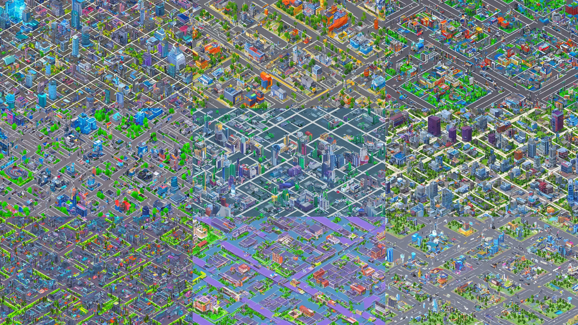 Prompt: aerial isometric view of a cyber city filled with resources, art from a resource gathering game