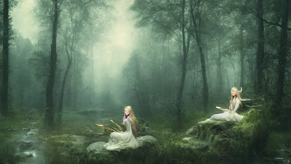Image similar to elven princess sitting alone in the melancholy forest. andreas achenbach, artgerm, mikko lagerstedt, zack snyder, tokujin yoshioka