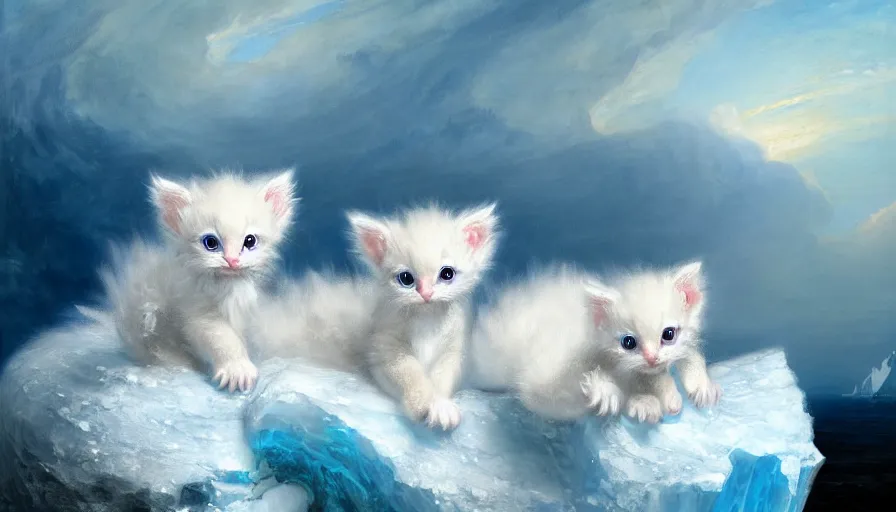 Image similar to highly detailed painting of white cute baby furry japanese dragon kittens on a blue and white iceberg by william turner, by greg rutkowski, by william constable, thick brush strokes and visible paint layers, 4 k resolution