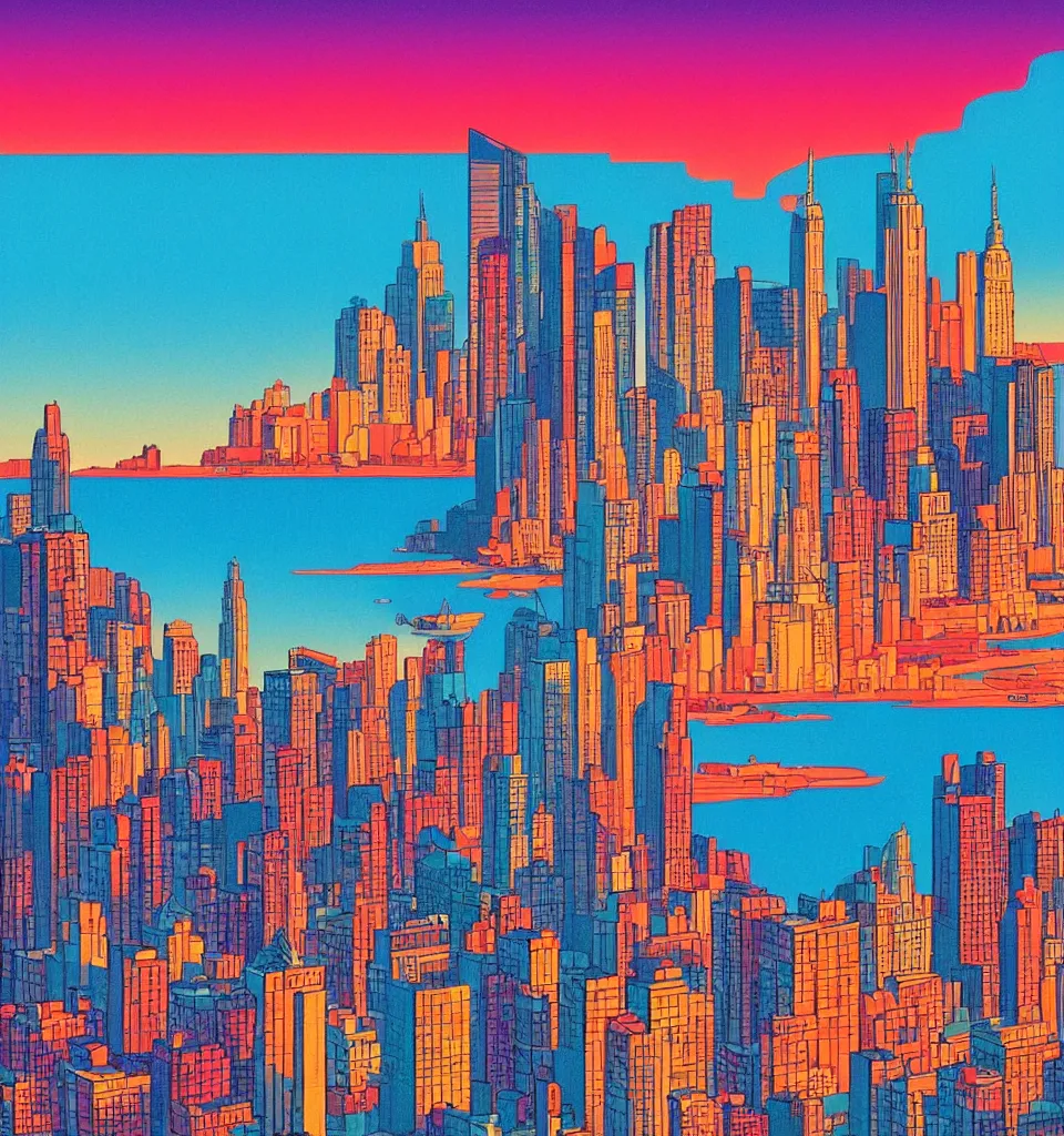 Prompt: gorgeous romantic sunset, cliffside onlooking the beautiful city of new york, warm colors, in the style of hiroshi nagai, very detailed, 8 0 s